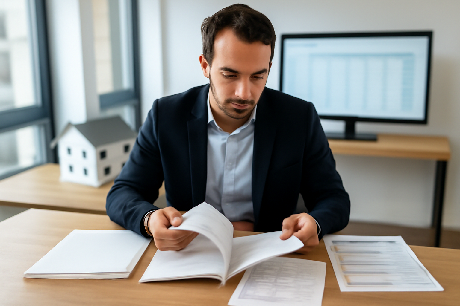 Conseiller immobilier consultant un dossier de vente avec diagnostics et plan d’un appartement