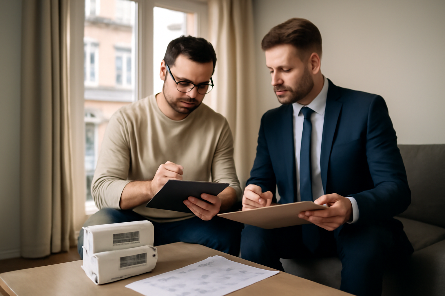 Visite d’un appartement avec un acheteur et un agent immobilier, prise de notes