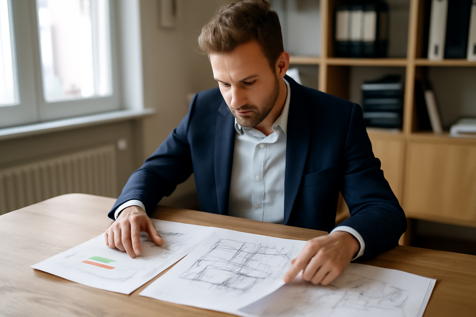 Conseiller immobilier consultant un dossier de vente avec des documents et des diagnostics sur une table en bois, style bureau en France