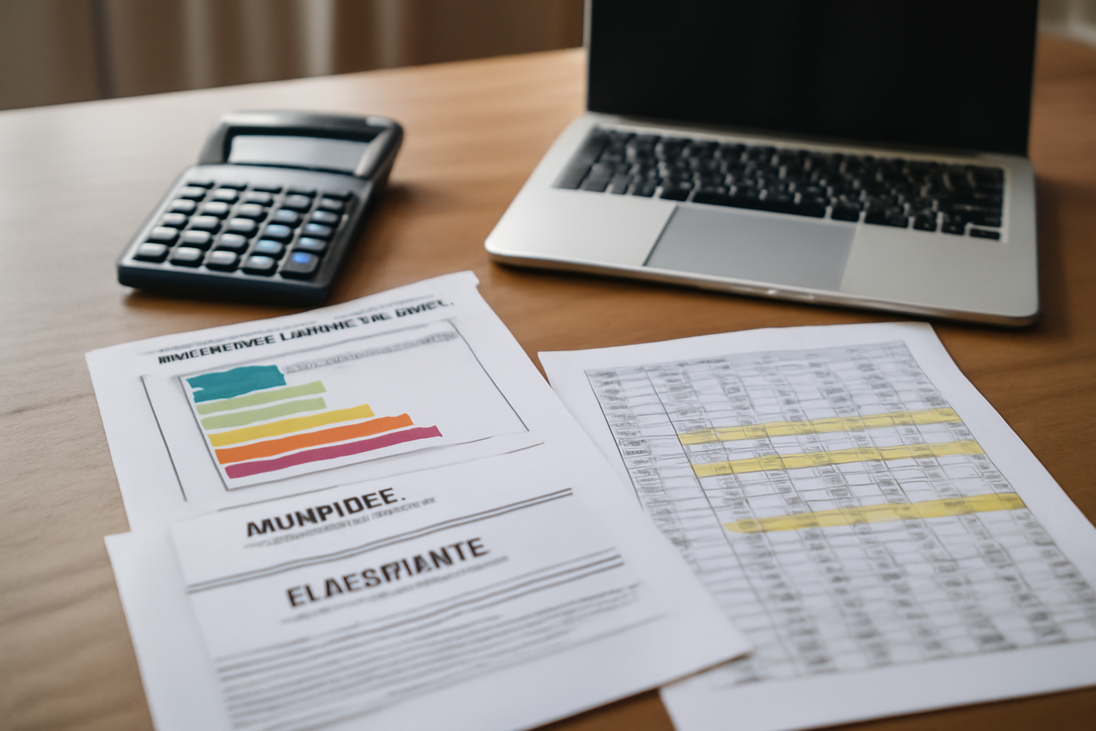 Documents de diagnostics immobiliers et estimation des charges sur un bureau, avec calculatrice et surlignage