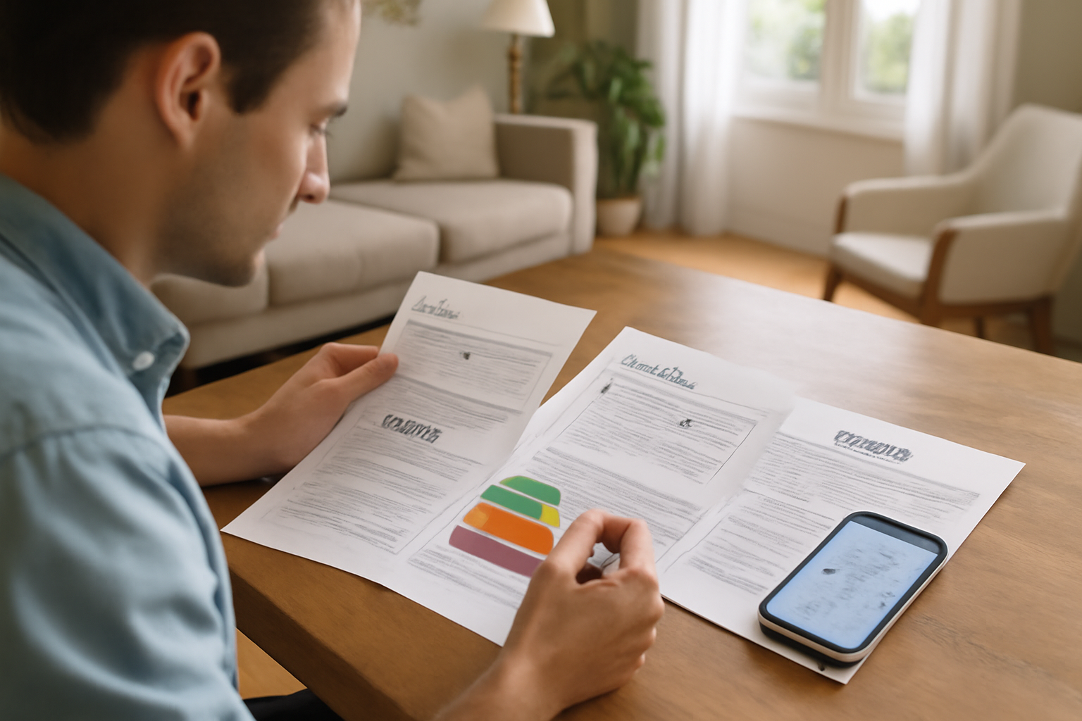 Consultation d’un dossier d’achat immobilier sur une table avec documents de diagnostics et calculs de budget