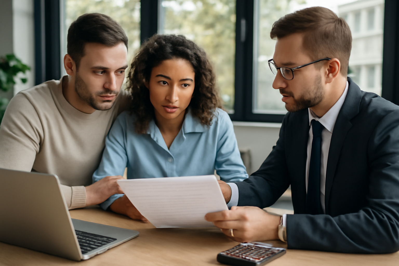 Réunion dans un bureau avec un couple consultant un document de copropriété et un calendrier d’assemblée générale