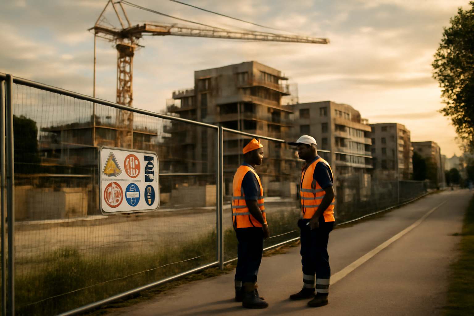 chantier eco quartier flaubert à Grenoble, grues et bâtiments en construction, au premier plan une clôture de chantier