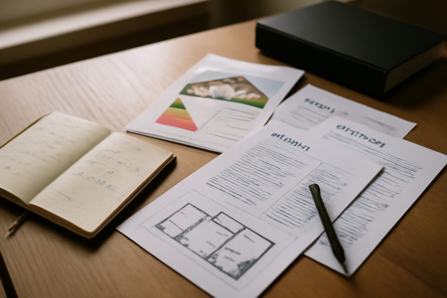 Documents immobiliers et diagnostics étalés sur une table avec un bloc-notes et un stylo