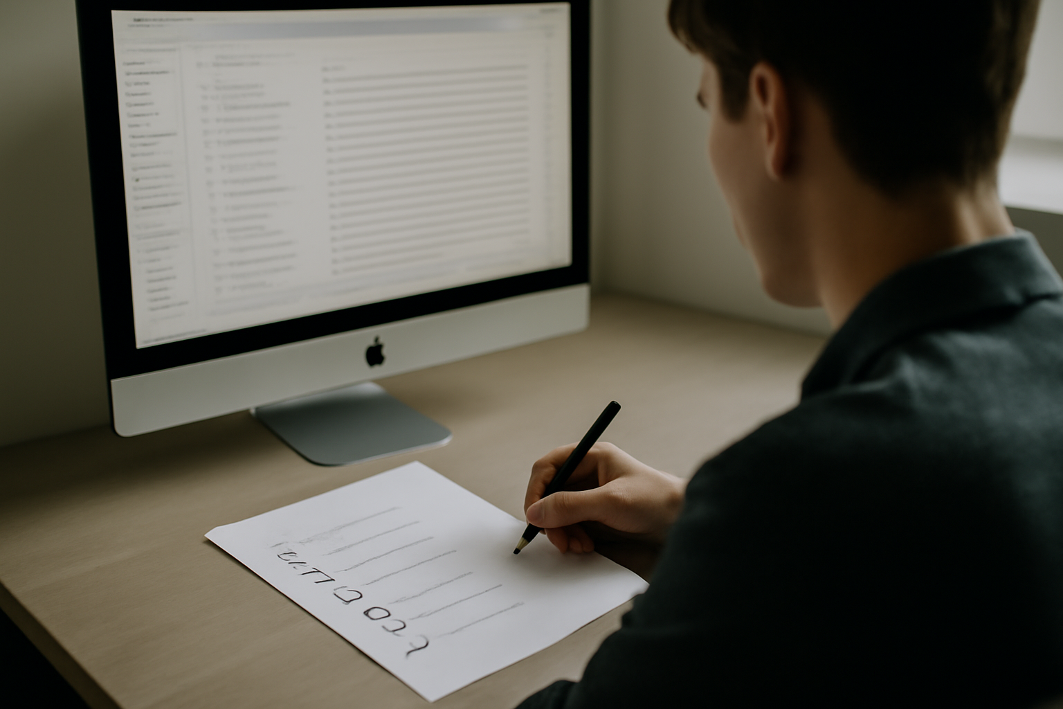 Personne au bureau envoyant un message sur ordinateur avec une checklist à côté