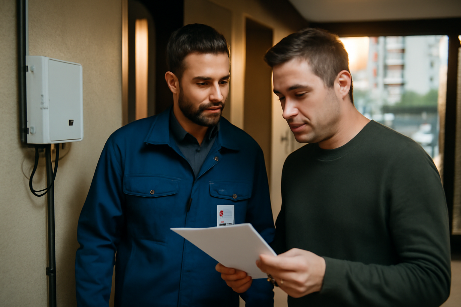 installation fibre sans accord propriétaire : technicien fibre et occupant devant compteur, immeuble français