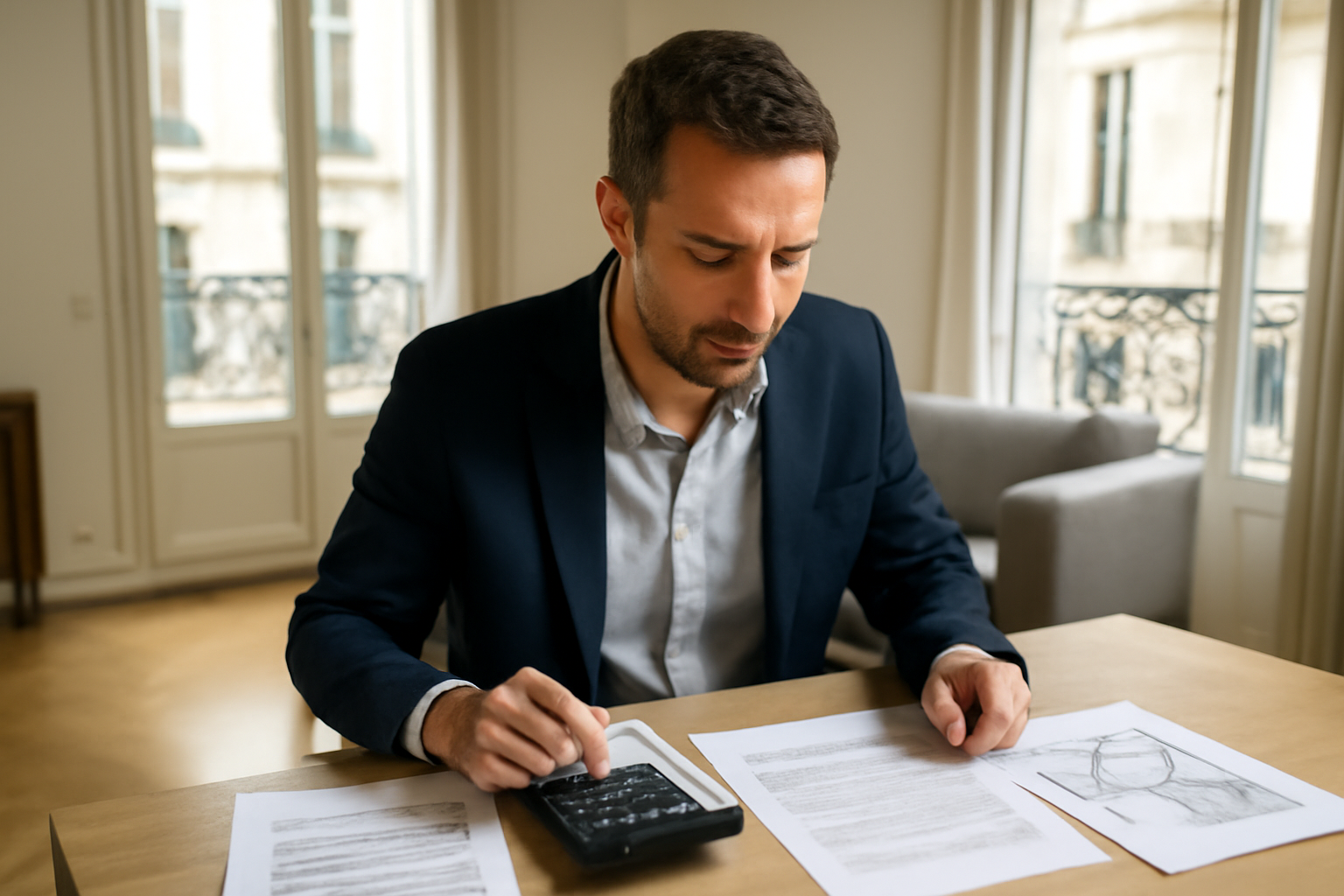 Investisseur immobilier à une table avec calculatrice et documents fiscaux, plan d’appartement et bilan de rentabilité sur une table en France