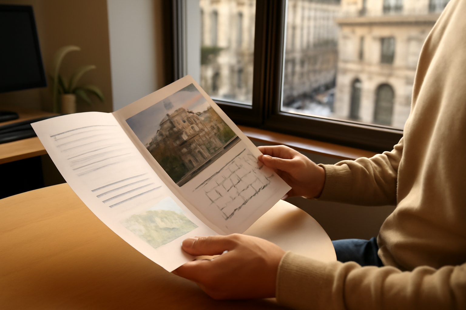Lyon, immeuble neuf et document loi Pinel sur table, lumière naturelle