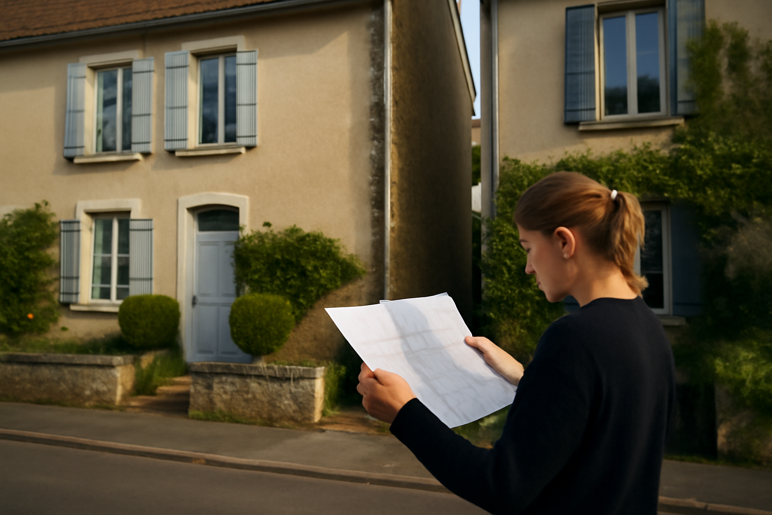 maison mitoyenne définition : mur commun entre deux maisons en ville, photo réaliste en France