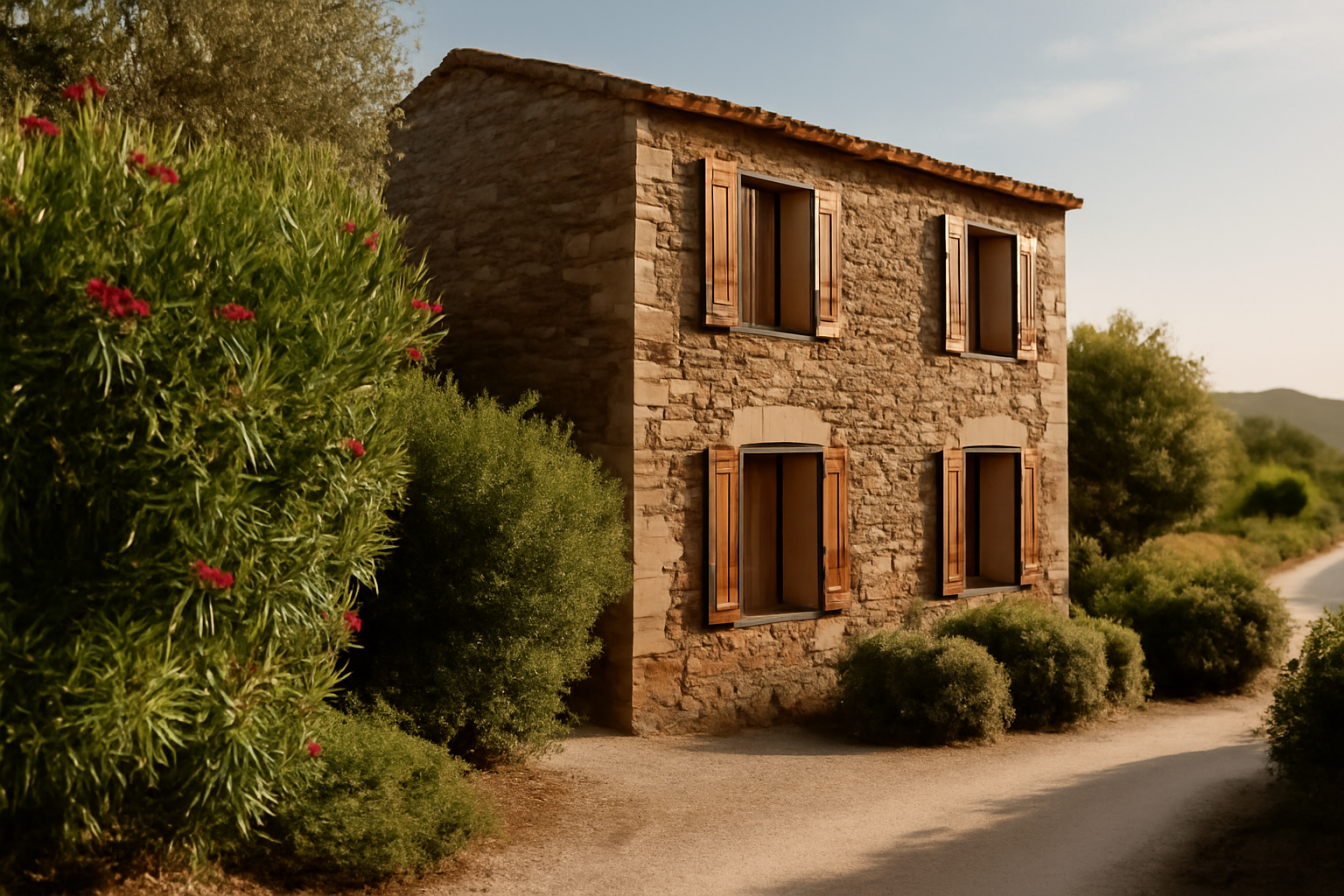 Maison en pierre en Corse, façade et jardin méditerranéen, référence à la maison thomas dutronc corse