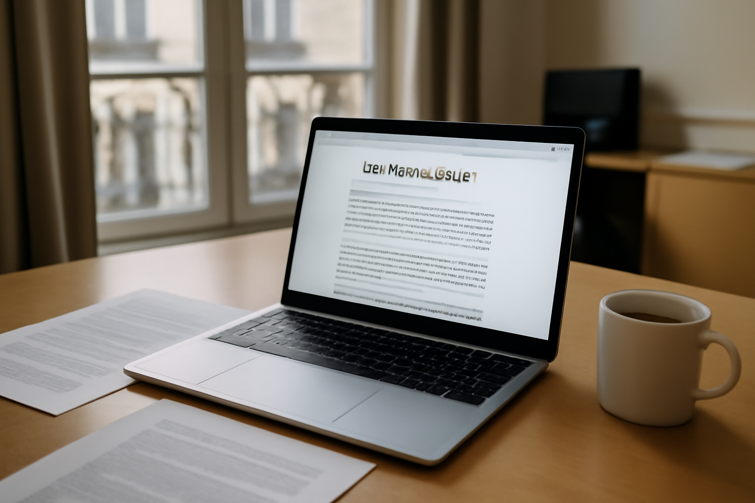 Vue d'un bureau en France avec documents juridiques et ordinateur affichant un site web