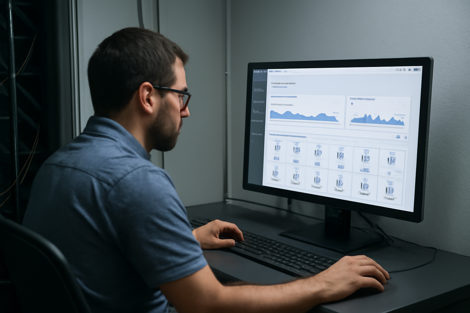 Technicien consultant un tableau de bord d'hébergement sur un écran dans un environnement professionnel