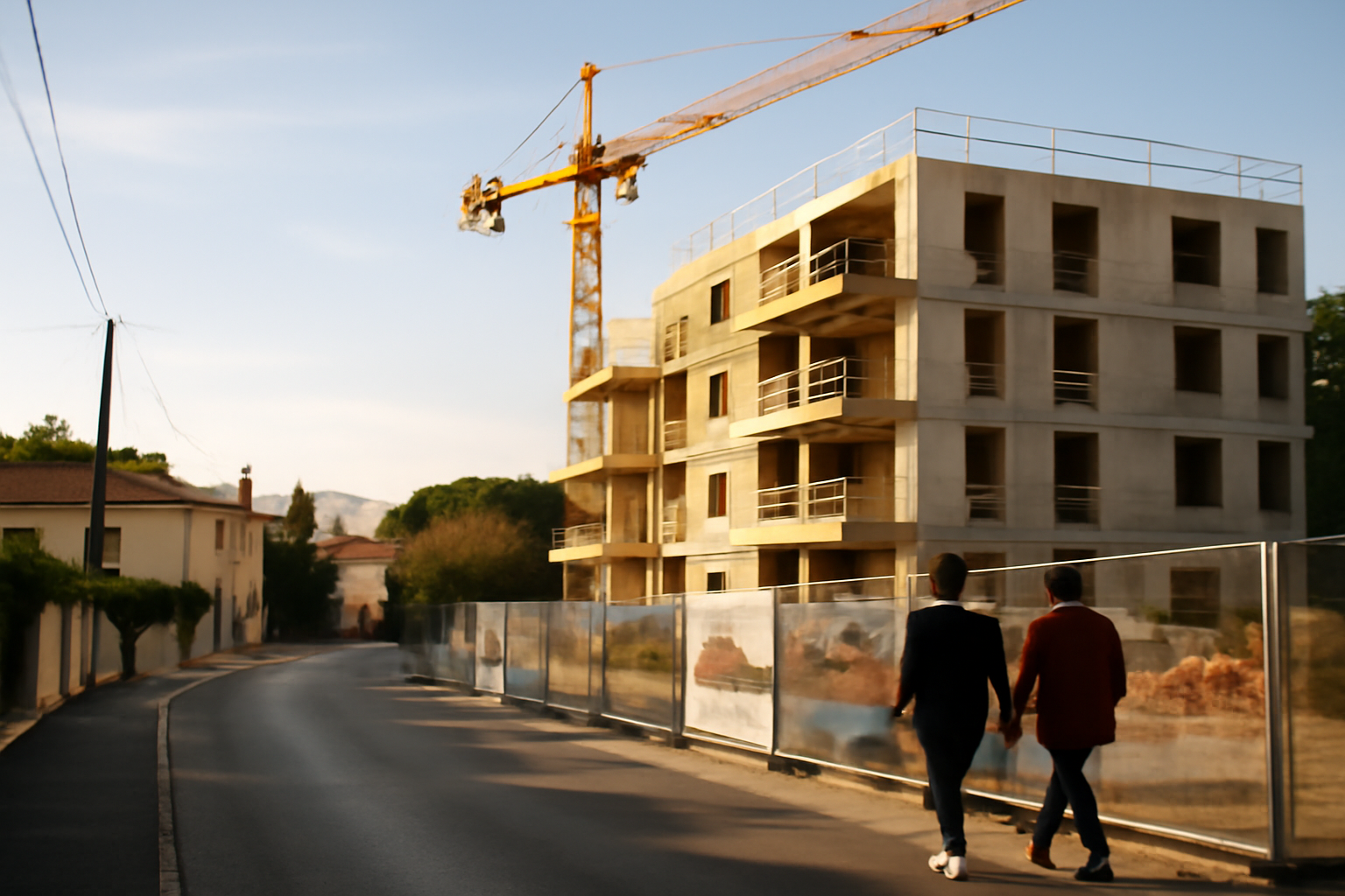 Programme neuf marseille : chantier en cours près de la mer, promeneurs et grue