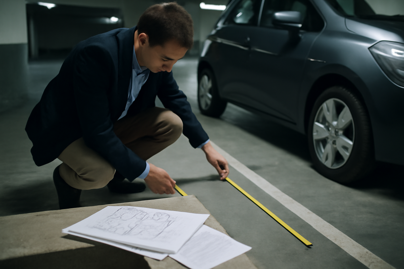 taille place de parking m2 : mesure au mètre ruban sur une place de parking en sous-sol