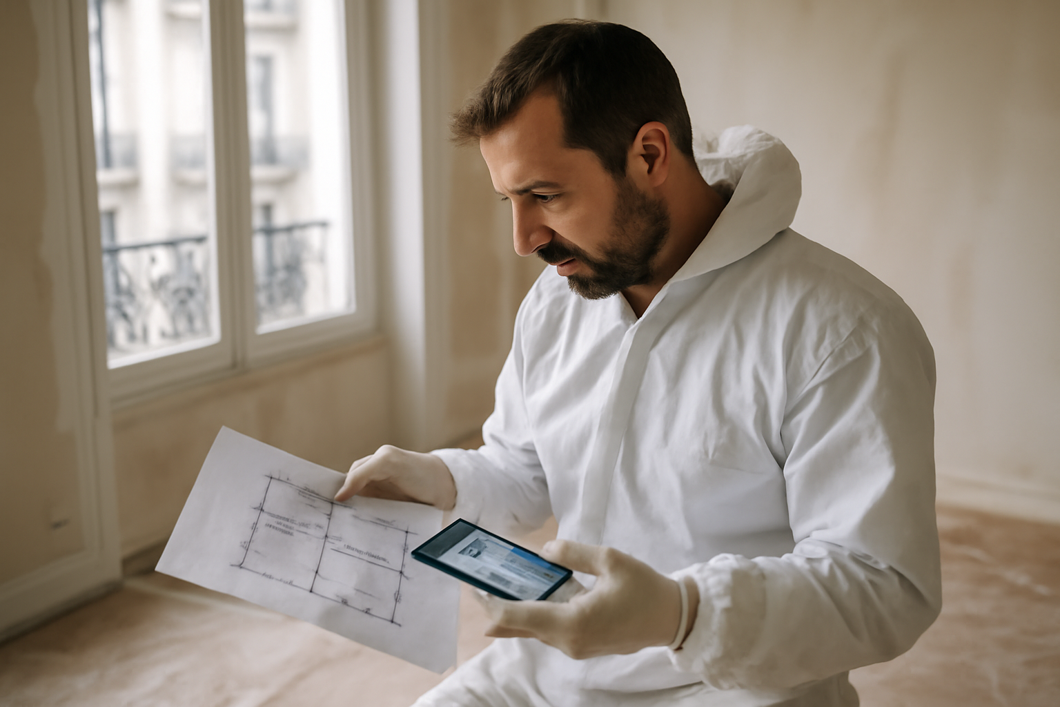Chantier de rénovation dans un appartement français : artisan et plan de travaux sur table