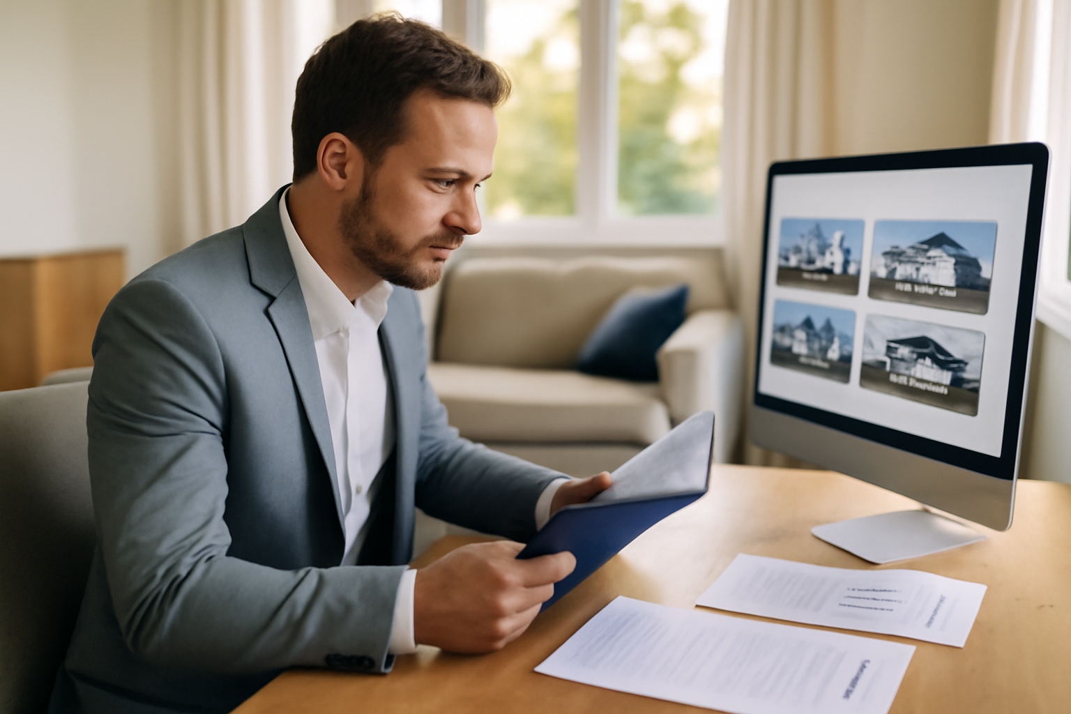 Agent immobilier avec dossier de vente et comparables affichés sur un écran, dans un salon lumineux
