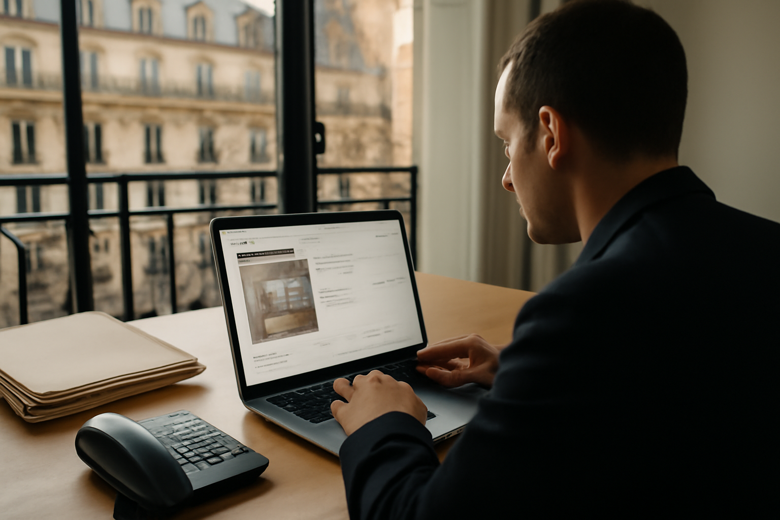 wiim immobilier sur écran d’ordinateur, dashboard d’accès et documents immobiliers en arrière-plan, scène photo réaliste