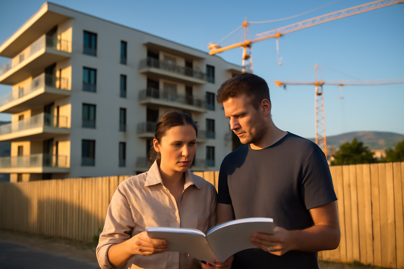 Appartement neuf Ajaccio : façade d’une résidence en construction, soleil de fin d’après-midi