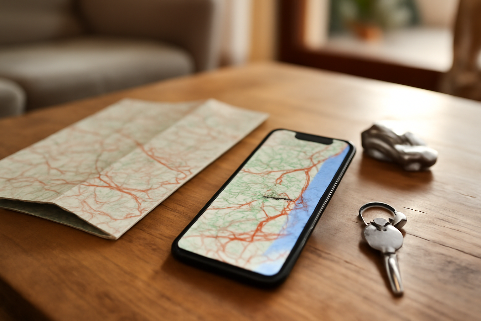 Carte Pyrénées-Orientales sur smartphone et papier, avec Perpignan et le littoral en surbrillance, lumière de fin d’après-midi, scène photo réaliste