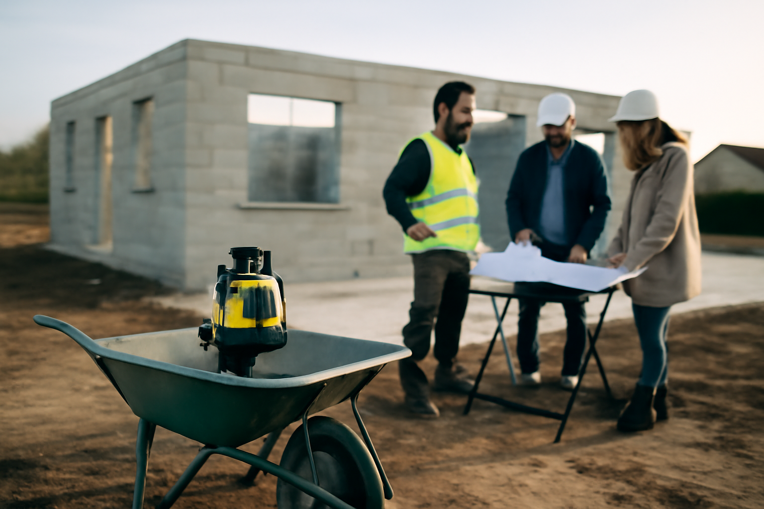 construire maison plain pied sur terrain avec maçonnerie et niveau laser, lumière de matin, famille et constructeur sur site