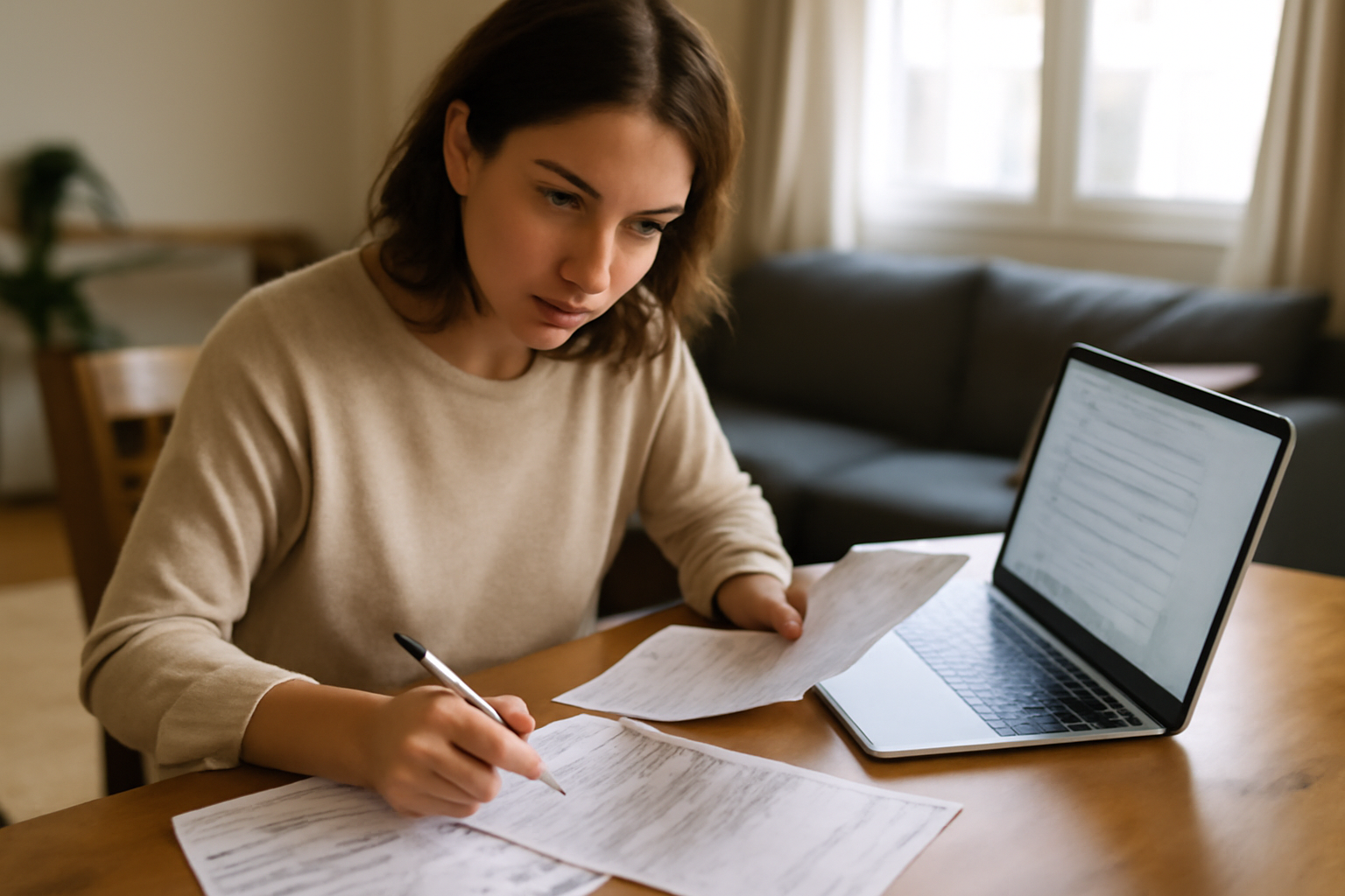 Déclaration de patrimoine pour les aides au logement CAF sur table avec documents et ordinateur portable