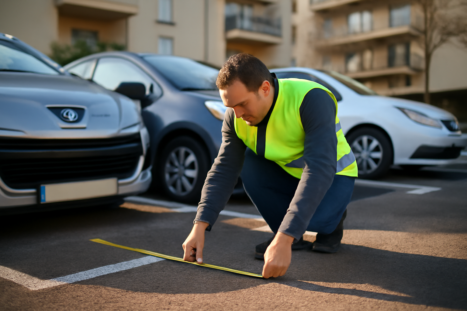 dimension parking : marquage au sol et place de stationnement devant une résidence