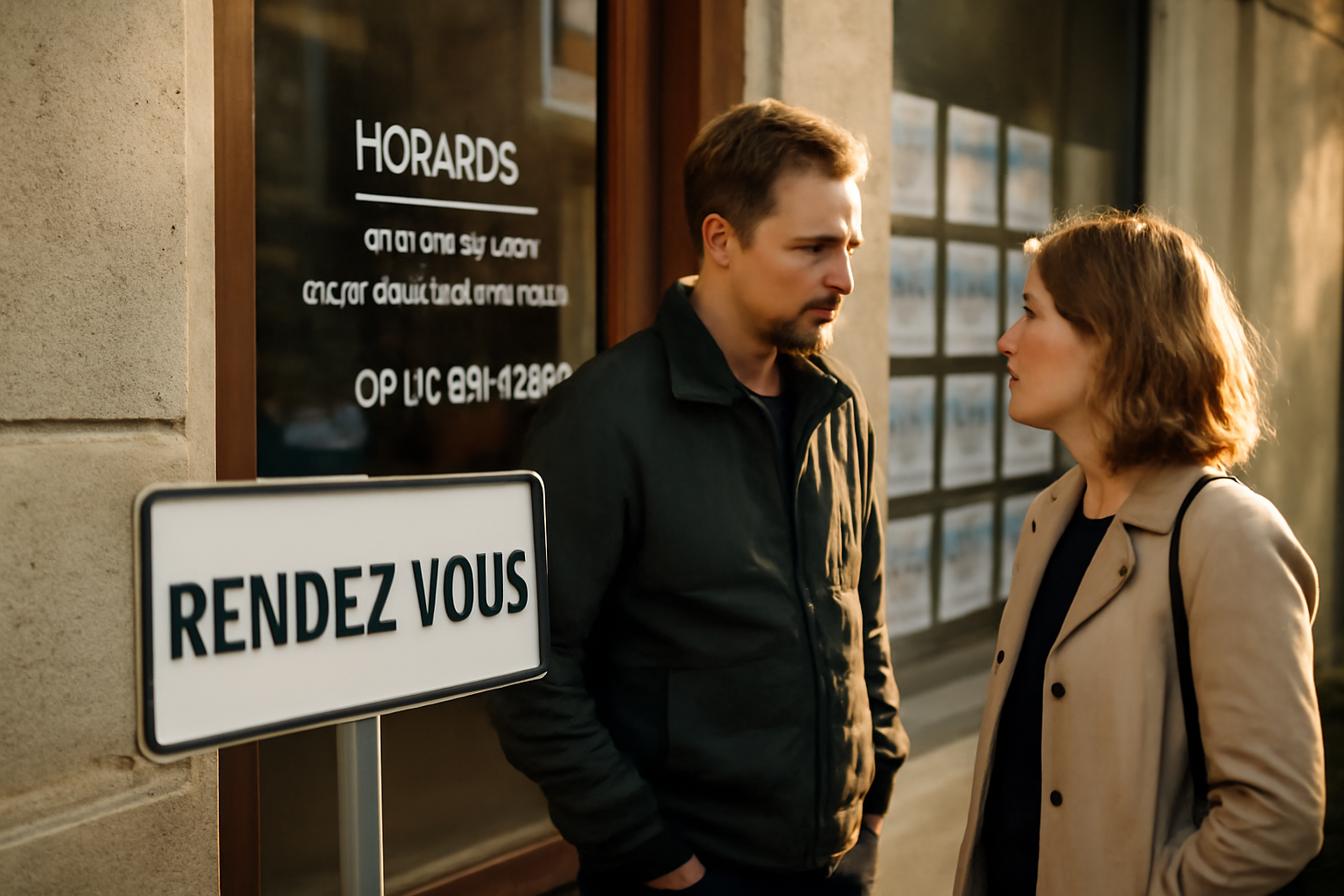 Photo réaliste devant une agence immobilière Imagimmo à Montpellier avec affichage horaires et téléphone
