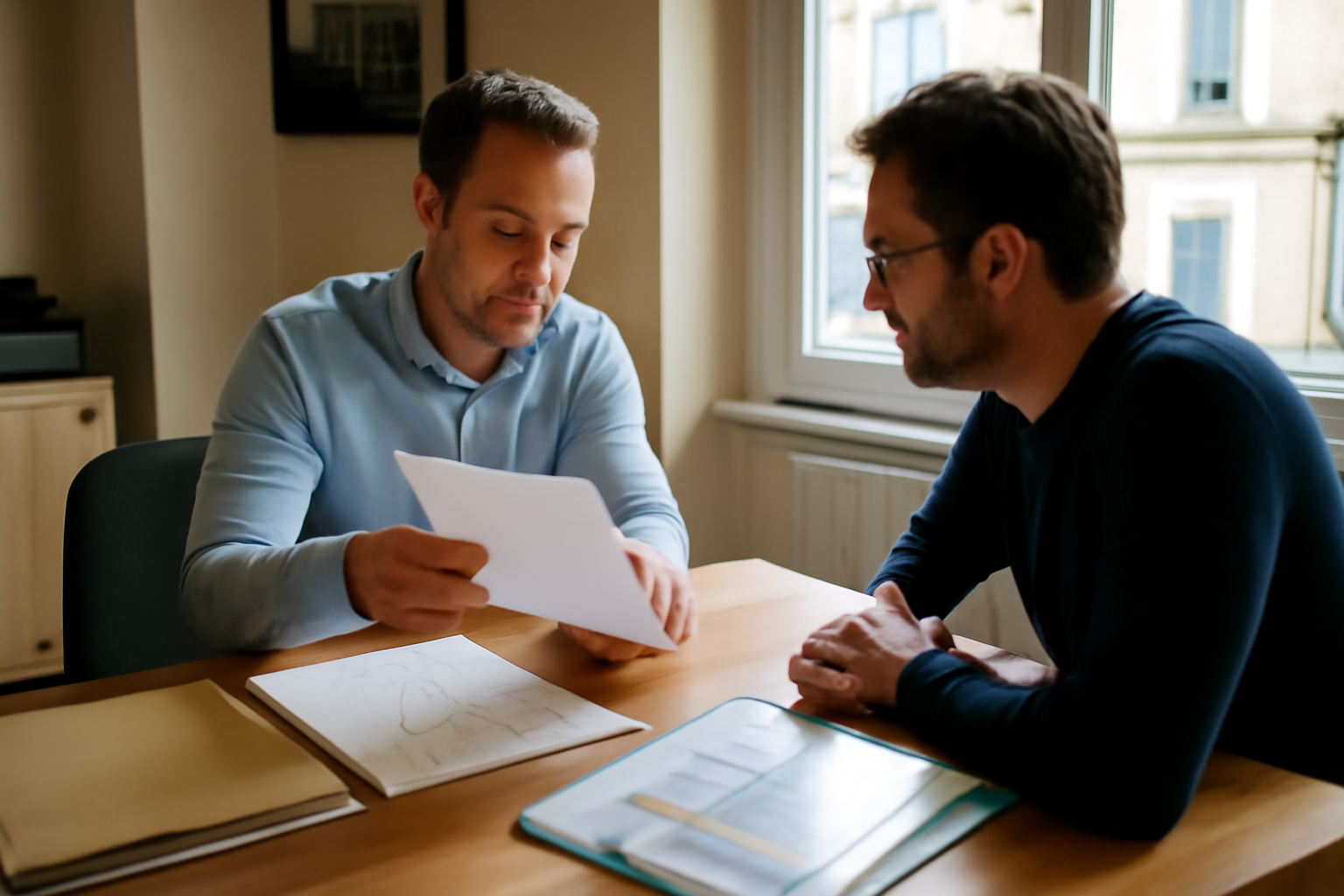 Conseil en immobilier à Montpellier : dossier papier et diagnostics posés sur une table devant un conseiller