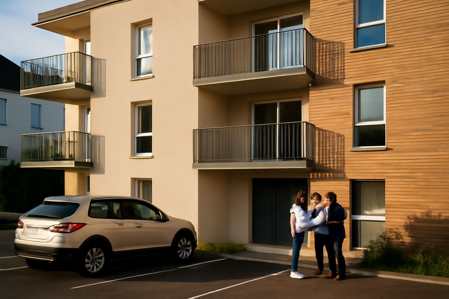 Façade d’une résidence neuve à Vannes avec balcon et stationnement, lumière de fin d’après-midi