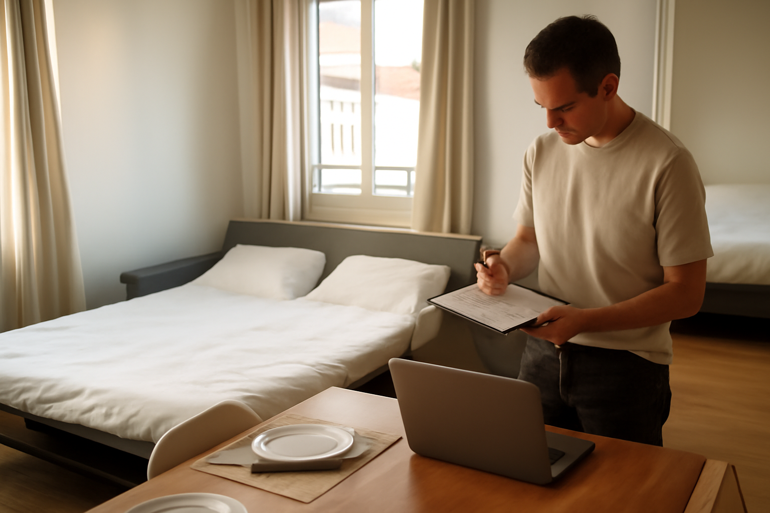 logement meublé liste : inventaire des équipements obligatoires dans un salon avec table, literie et rideaux