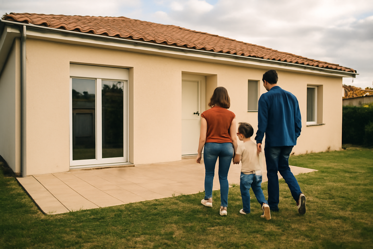 Maison plain pied en France avec terrasse et entrée de plain-pied, lumière de fin d’après-midi