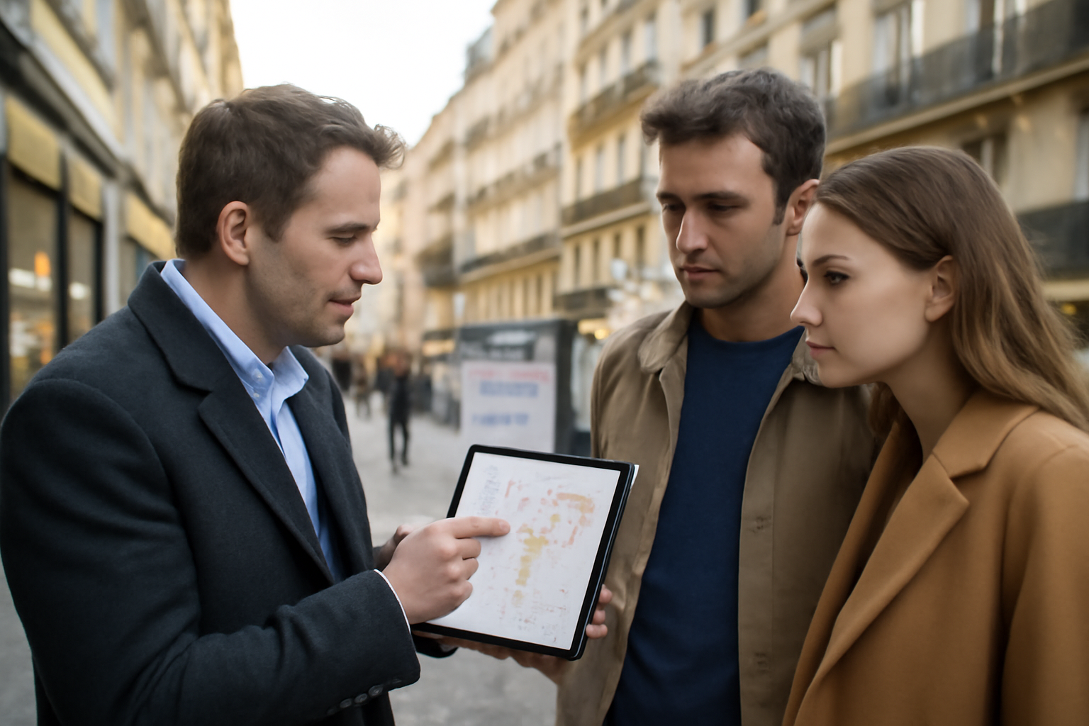 Façades d’immeubles et rue commerçante à Rouen, ambiance 2026, panneau immobilier au premier plan