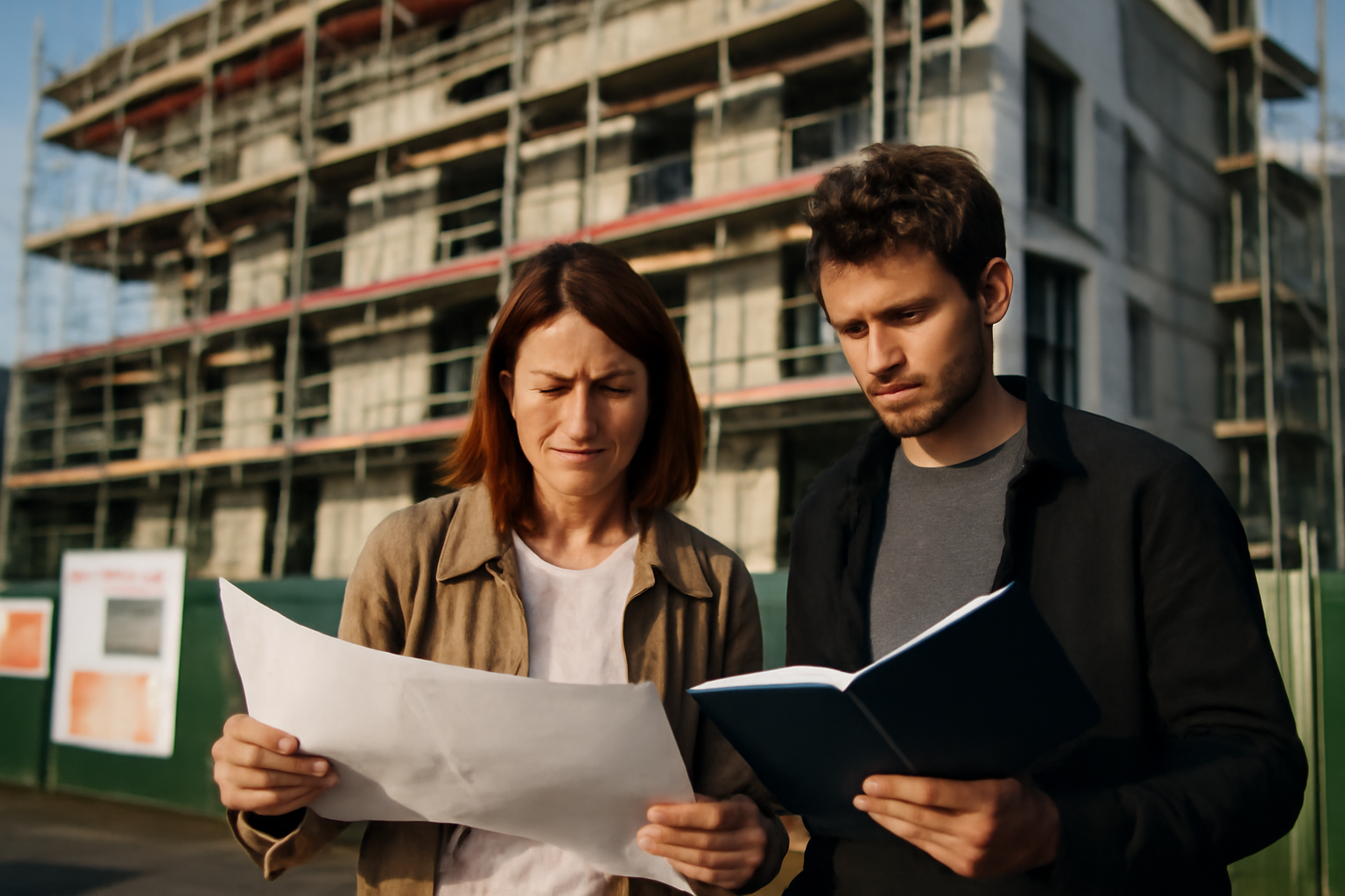 programme immobilier neuf Nantes vue sur une résidence neuve moderne avec acheteurs en discussion devant une maquette