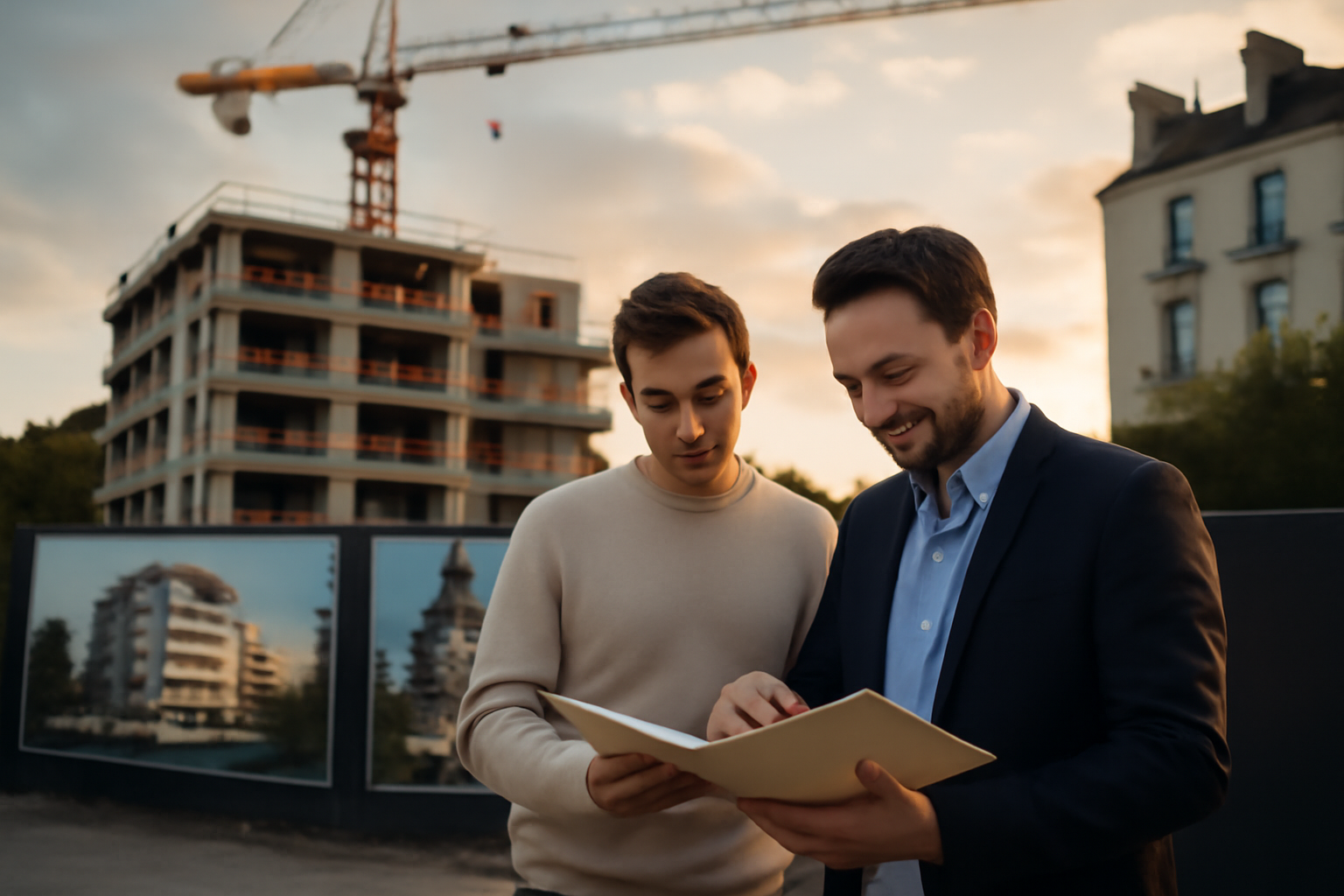 programme neuf nantes vue extérieure d’un chantier en centre-ville avec panneaux de livraison et passants