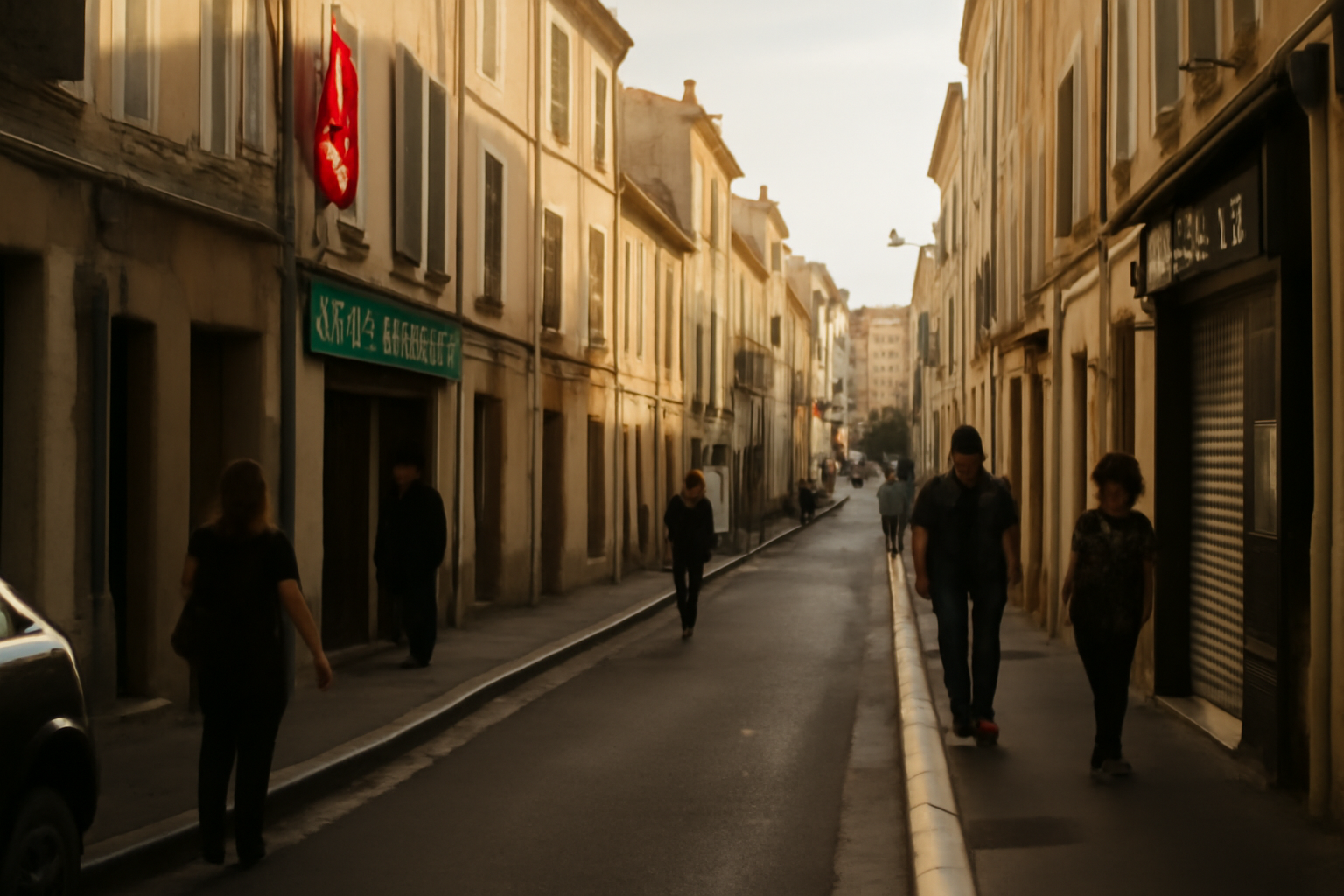 Ambiance urbaine à Belle de Mai à Marseille, rue éclairée et trottoirs en fin de journée