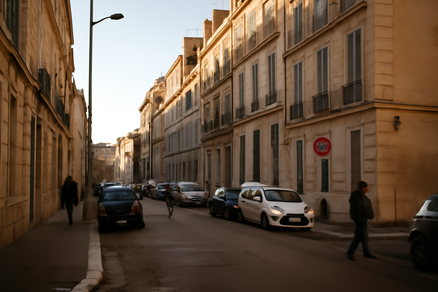 quartier dangereux marseille : rue animée près d’un immeuble, lumière de fin d’après-midi