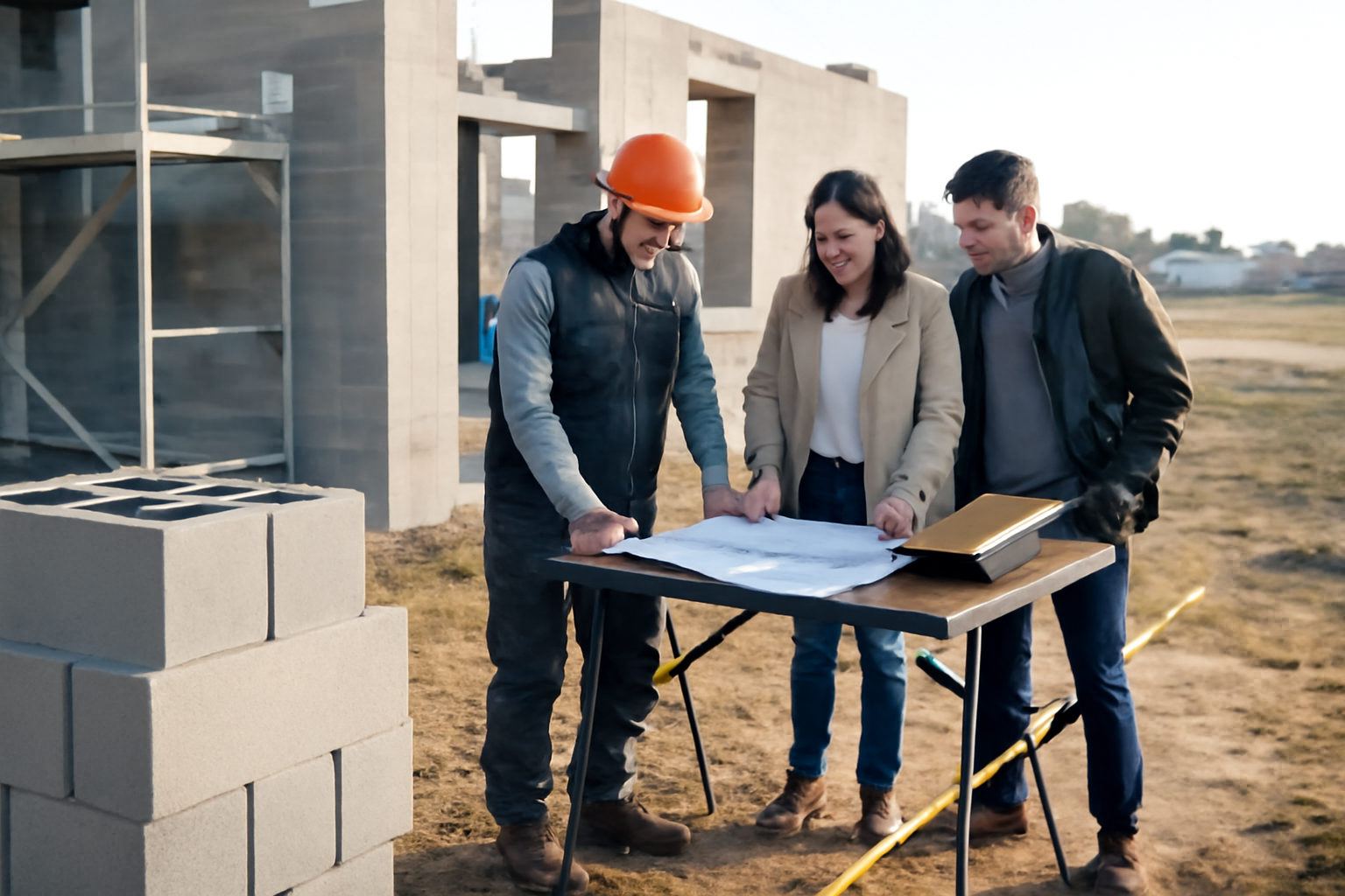 Maison neuve en chantier, ruban de mesure et dossier de devis, lumière du matin