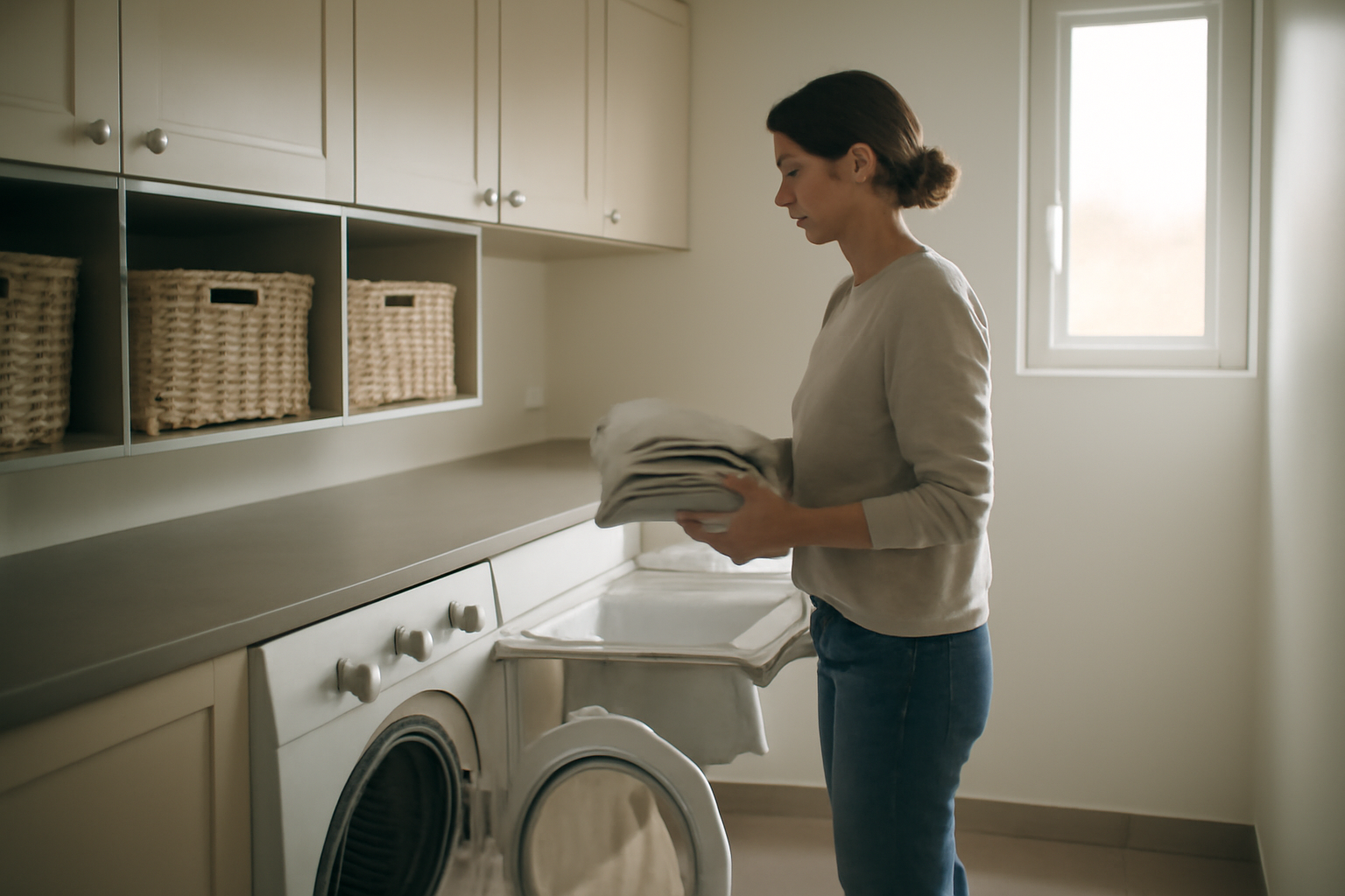 aménager une buanderie : circulation du linge et rangement mural dans une buanderie française