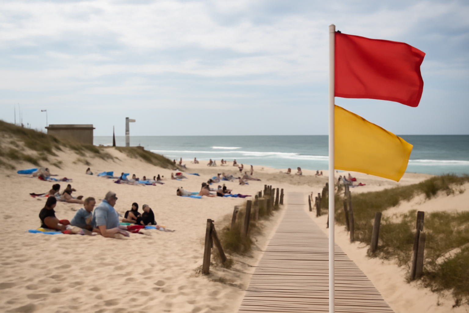 Plage de Biscarrosse-Plage avec baigneurs, drapeaux et accès piéton