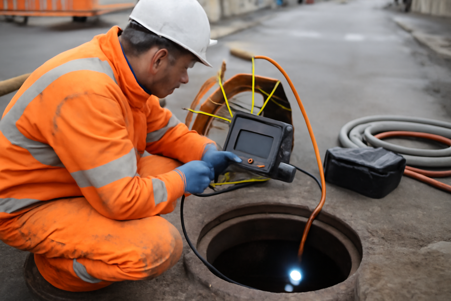 Chantier de chemisage canalisation en France : technicien inspectant une canalisation par caméra dans un regard béton, éclairage de travail et équipement de mesure