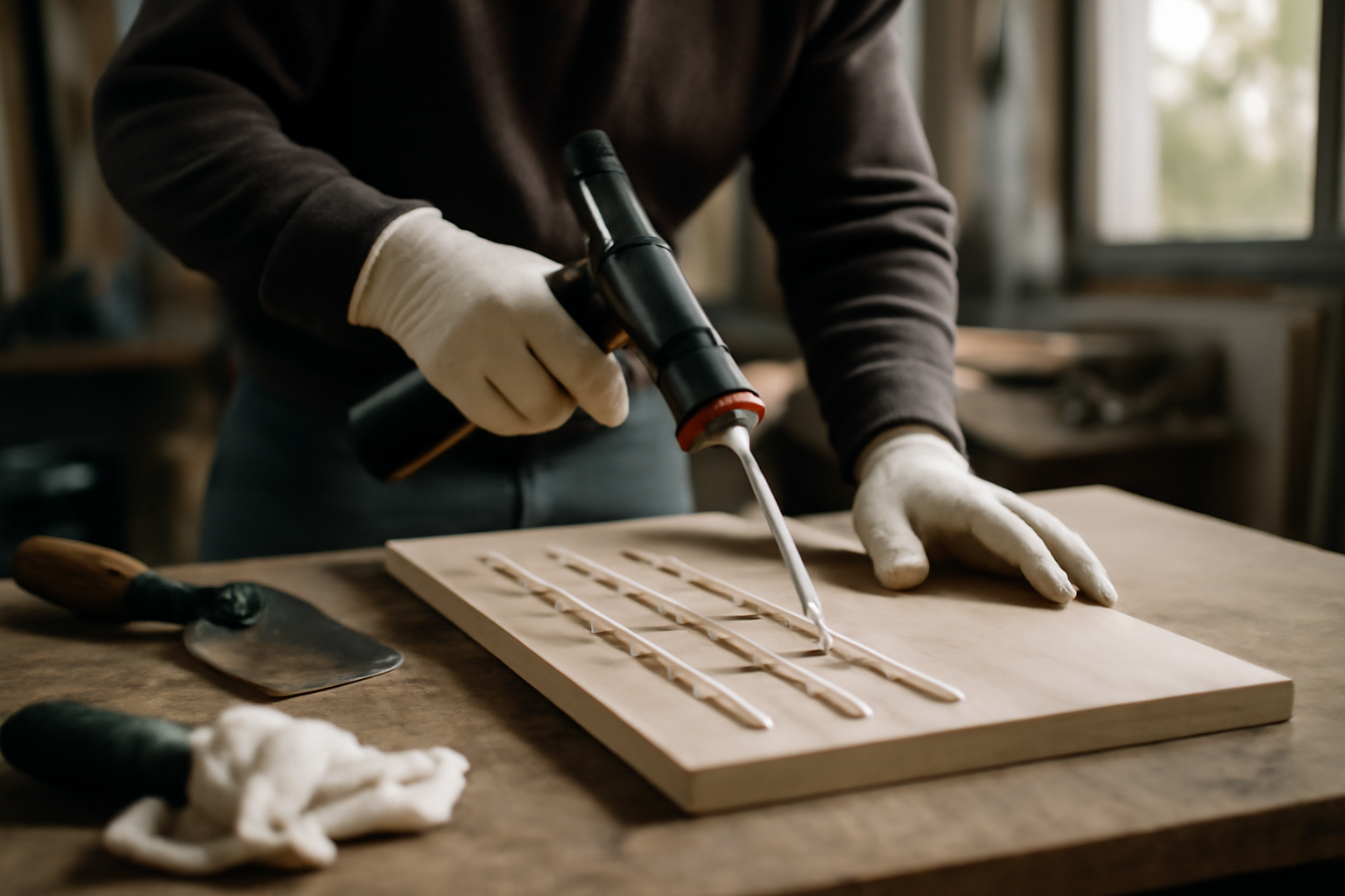colle pu polyuréthane appliquée au pistolet sur un support bois en atelier