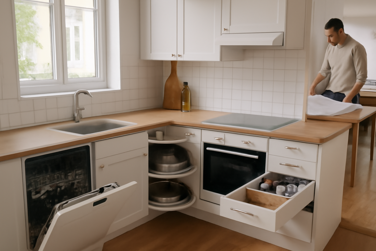 Cuisine en L avec plan de travail, évier et rangements d’angle, lumière naturelle dans une cuisine française
