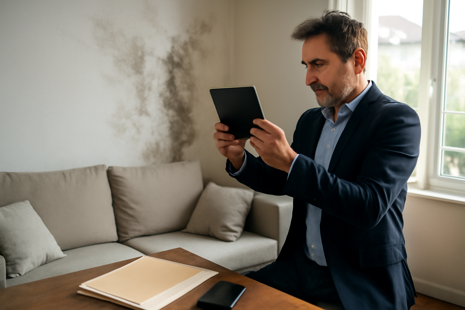 declarationexpertise.fr : expert immobilier examinant des photos de dégâts des eaux sur tablette
