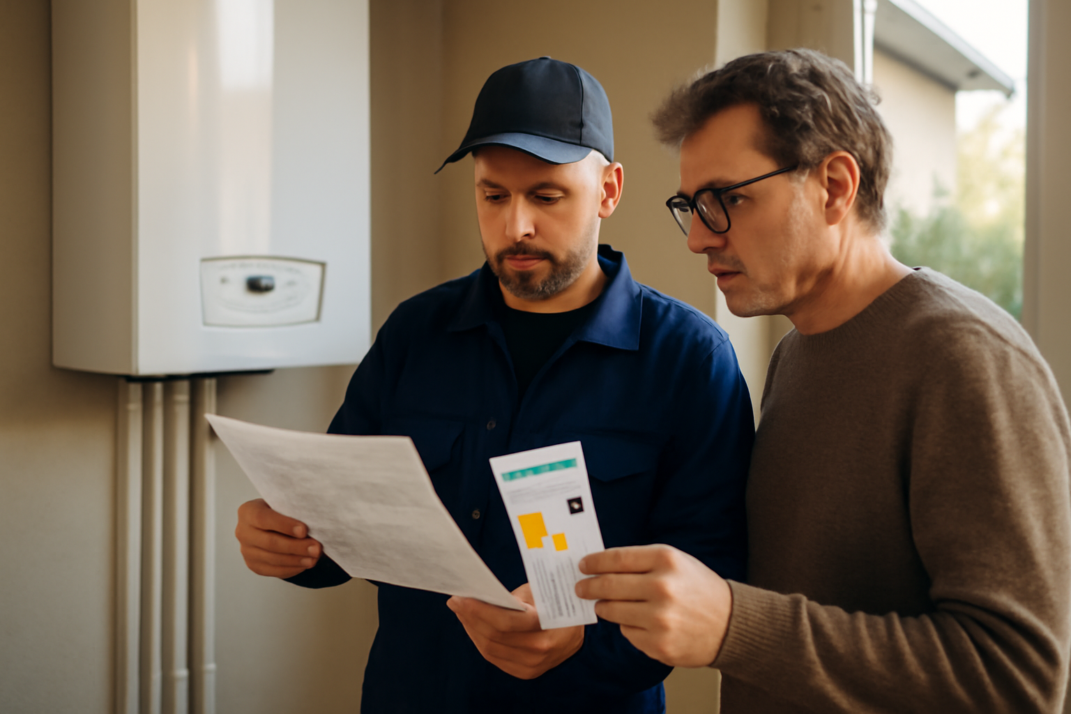 Chaudière frisquet et installateur consultant une fiche technique sur une table, en France