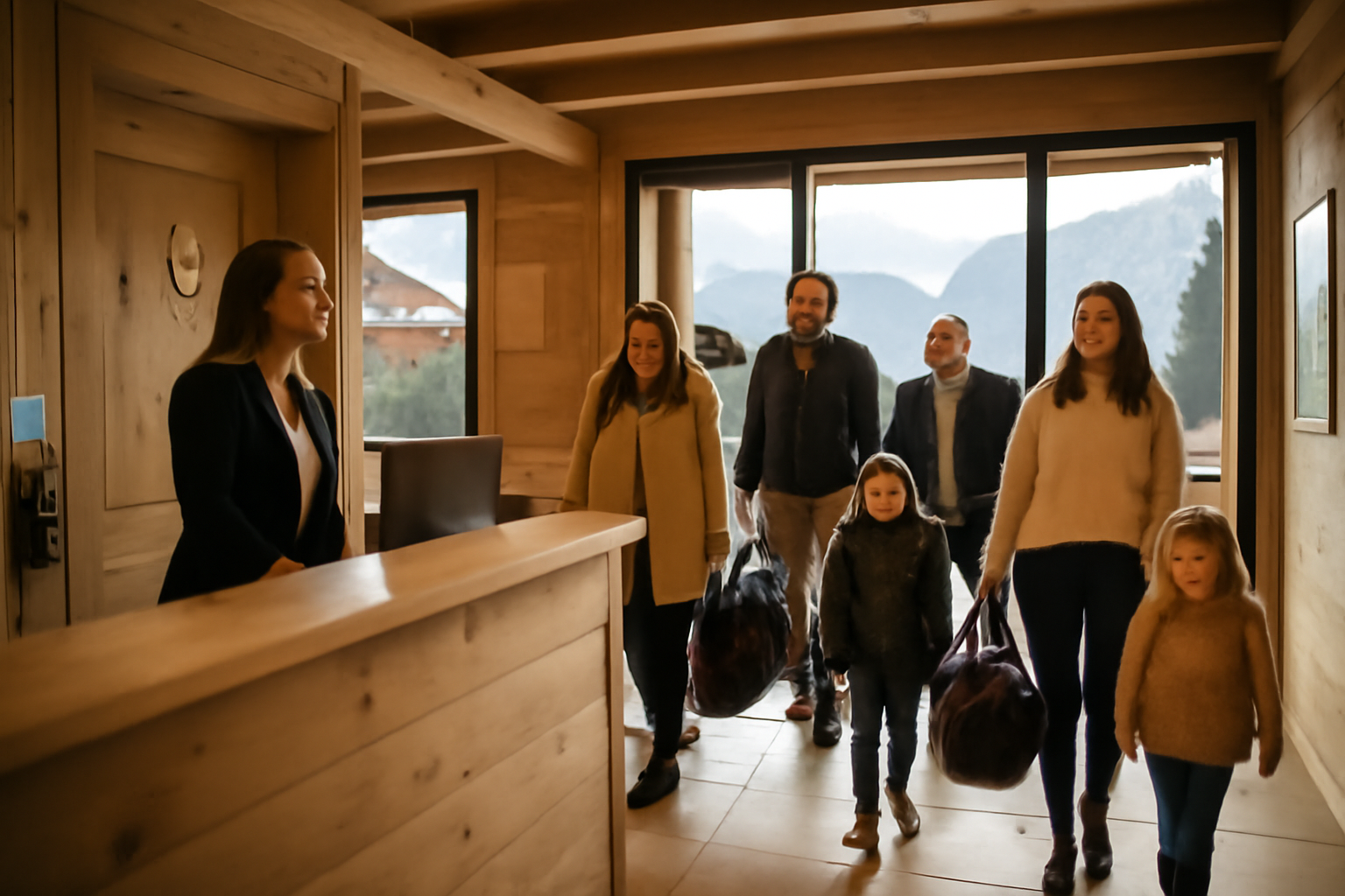 Hébergement Morzine : réception d’un hôtel et entrée d’appartement avec vue sur la montagne