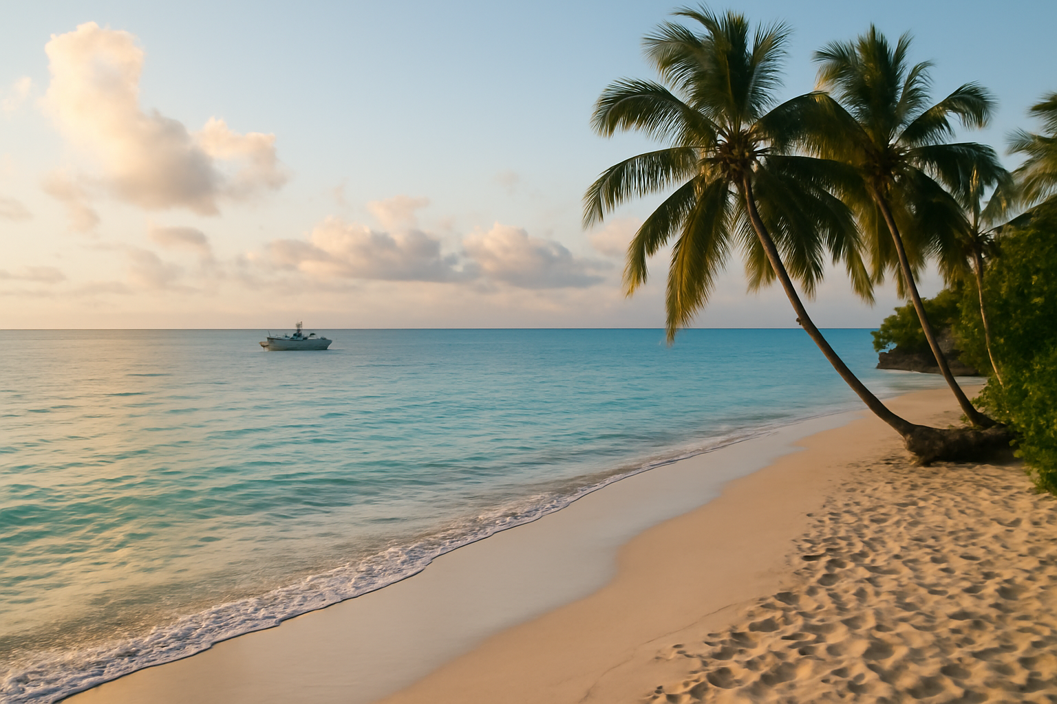 Île Sainte-Marie (Nosy Boraha) : plage tropicale et mer calme au lever du jour
