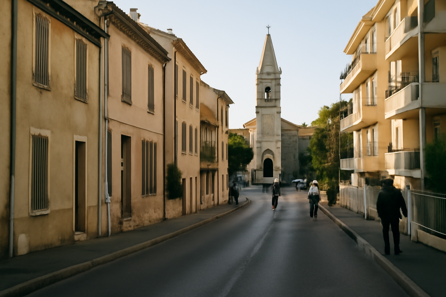 Vue de la grand-rue et de l'église du quartier Les Caillols à Marseille 12e, ambiance résidentielle