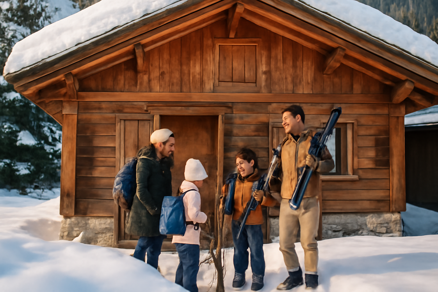 Chalet en Haute-Savoie pour location vacances haute savoie, neige au premier plan, famille devant l’entrée