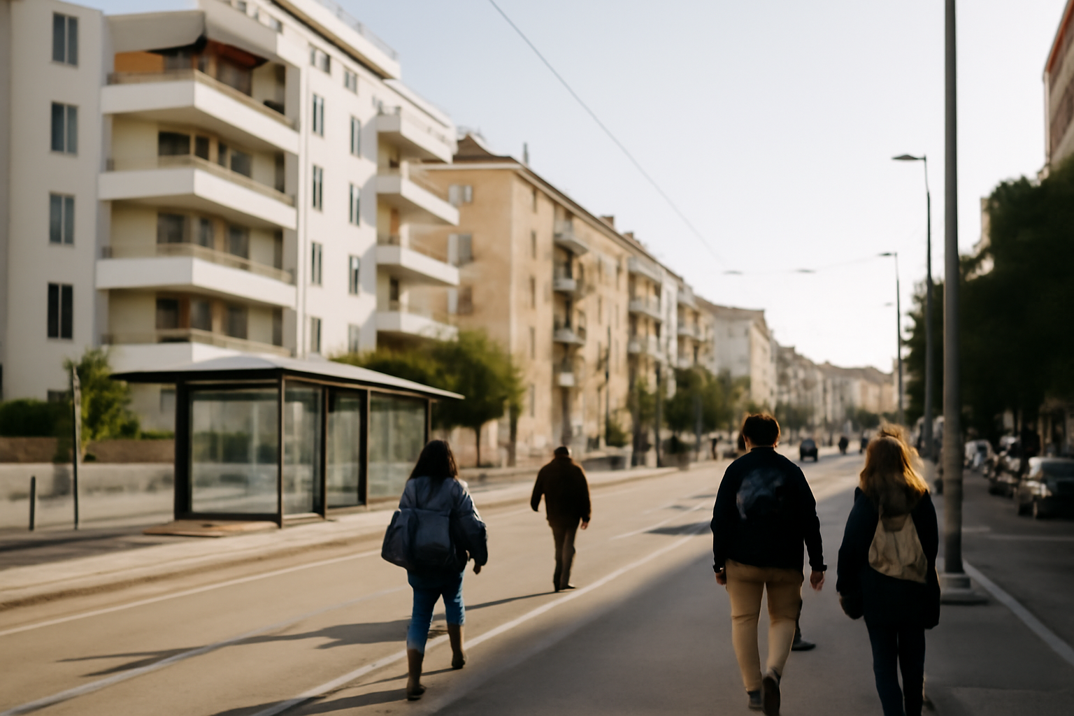 Quartier Montpellier : station de tram et immeubles au lever du jour, scène photo réaliste