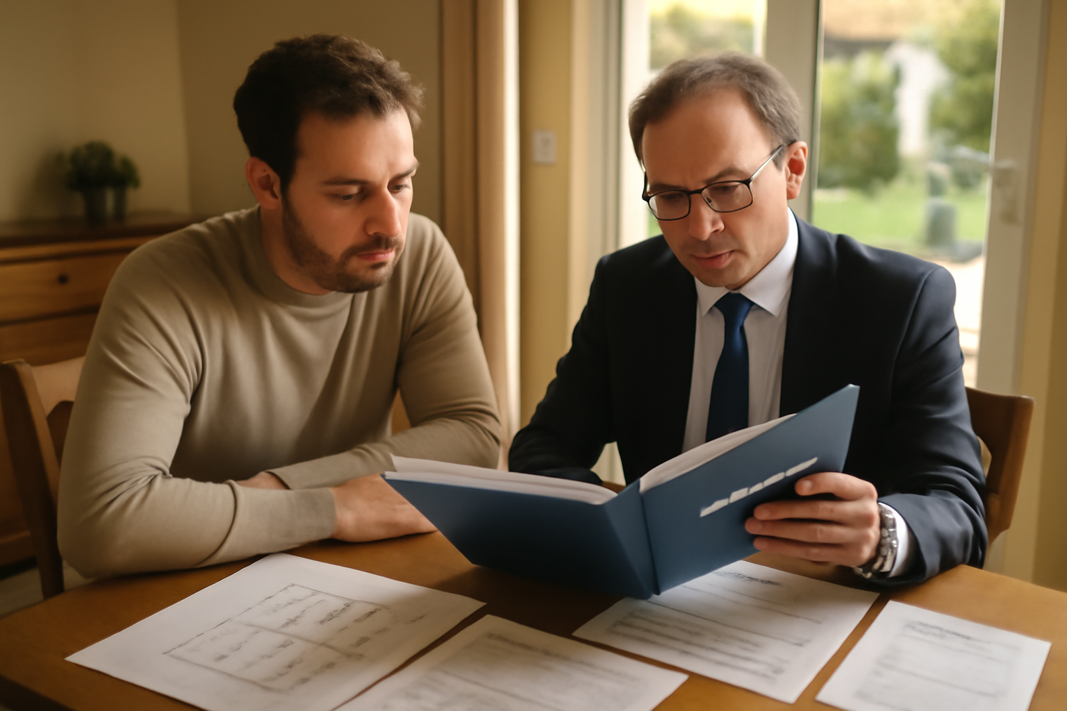 Maison individuelle française avec dossier de vente et attestations de travaux sur une table
